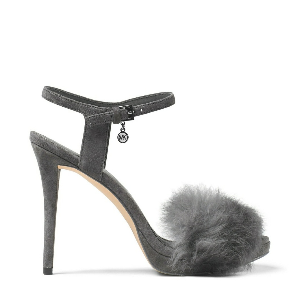 New! MICHAEL KORS Rabbit Fur Gray Heels Open-toe - Picture 2 of 5